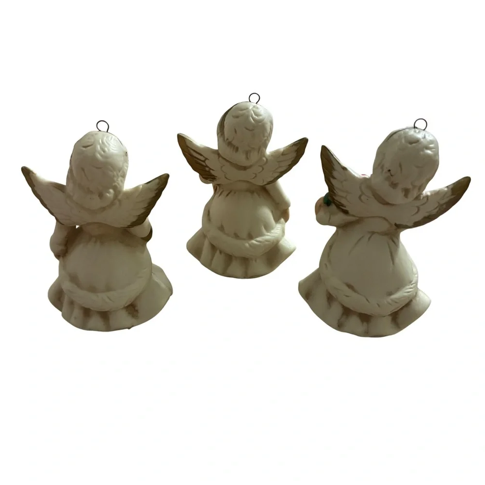Vintage HOMCO Porcelain Angel Trio Christmas Ornaments 1960’s Ivory & Gold